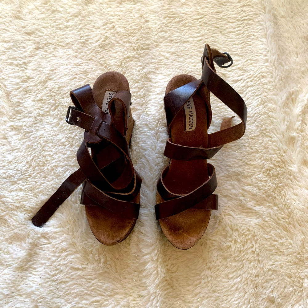 Steve Madden Strappy Leather Cognac Wedges